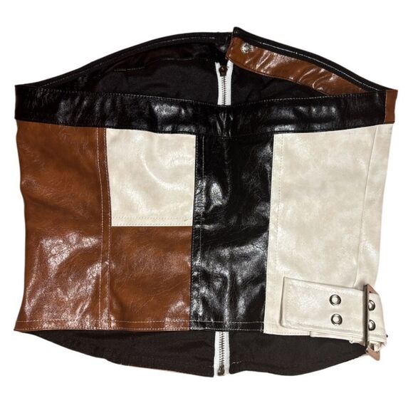 Faux Leather Brown and Black Patchwork Skirt Set - Picture 7 of 12